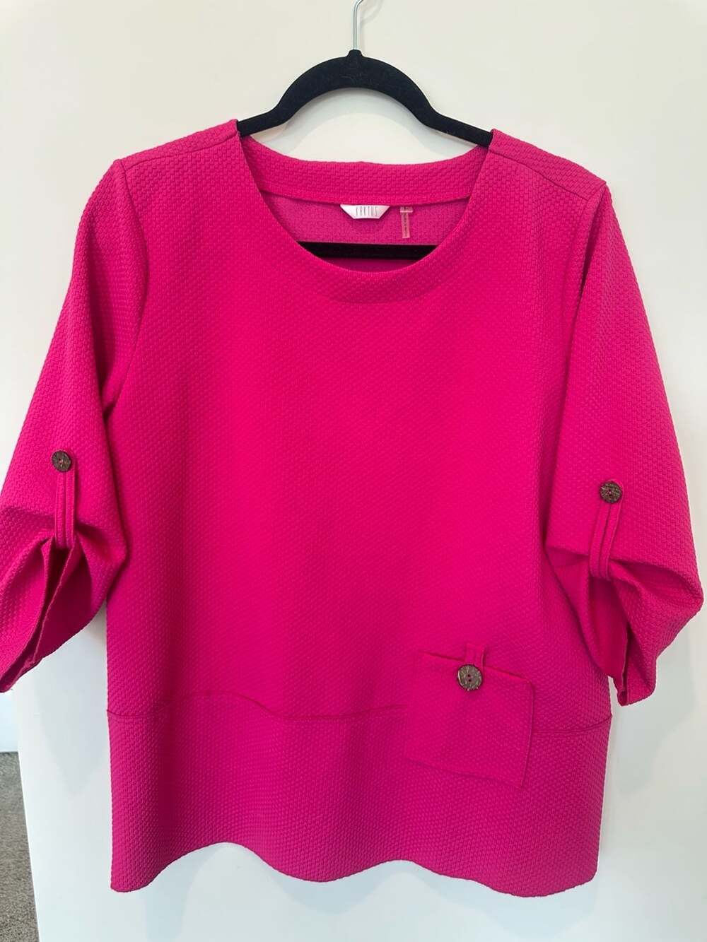 Kaktus Women's Hot Pink Textured 3/4 Sleeve Tunic Top with Wood Button Accents